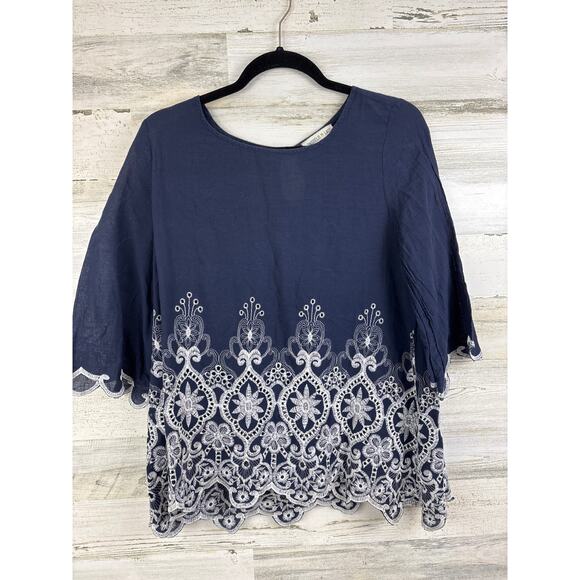 Tassel n Lace womens 8 navy blue white boho embroidered top blouse lightweight - Picture 2 of 4